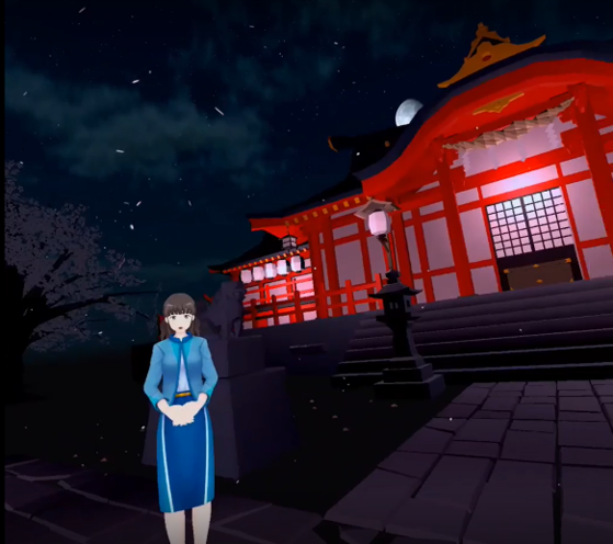 VR空間では境内に入るとキャラクターが案内してくれます。